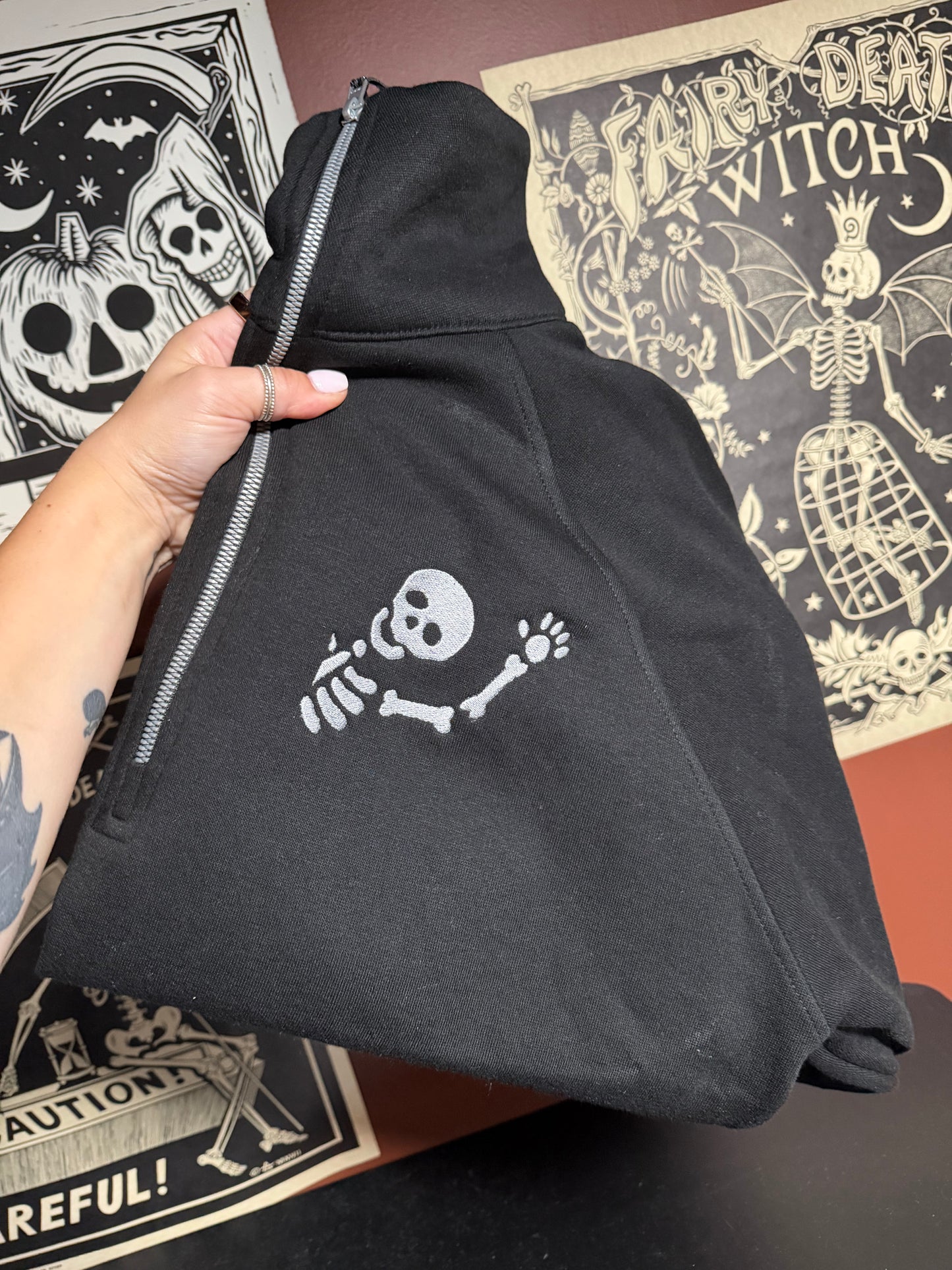 Skeleton Half Zip Embroidered Sweatshirt