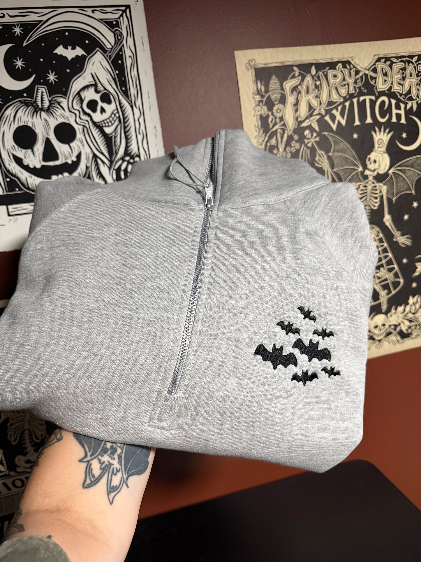 Bats Half Zip Embroidered Sweatshirt
