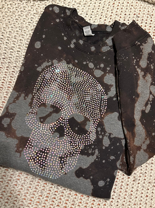 Skull Rhinestones Splatter Bleached Sweatshirt