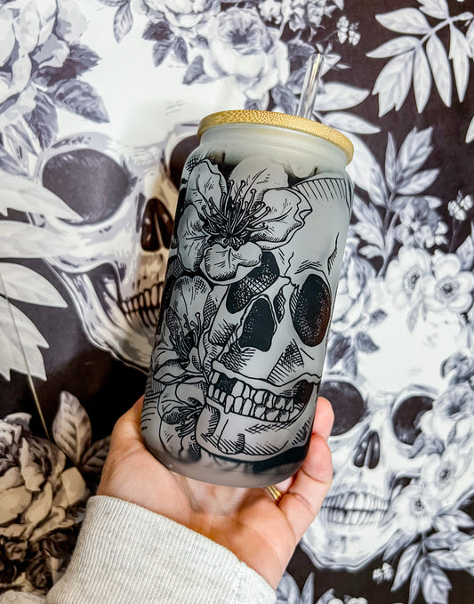Floral Skull Glass Can